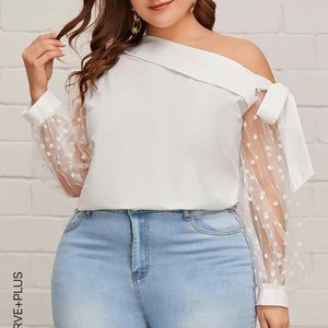 Shein Plus Foldover Asymmetrical Neck Dobby Mesh Sleeve Top